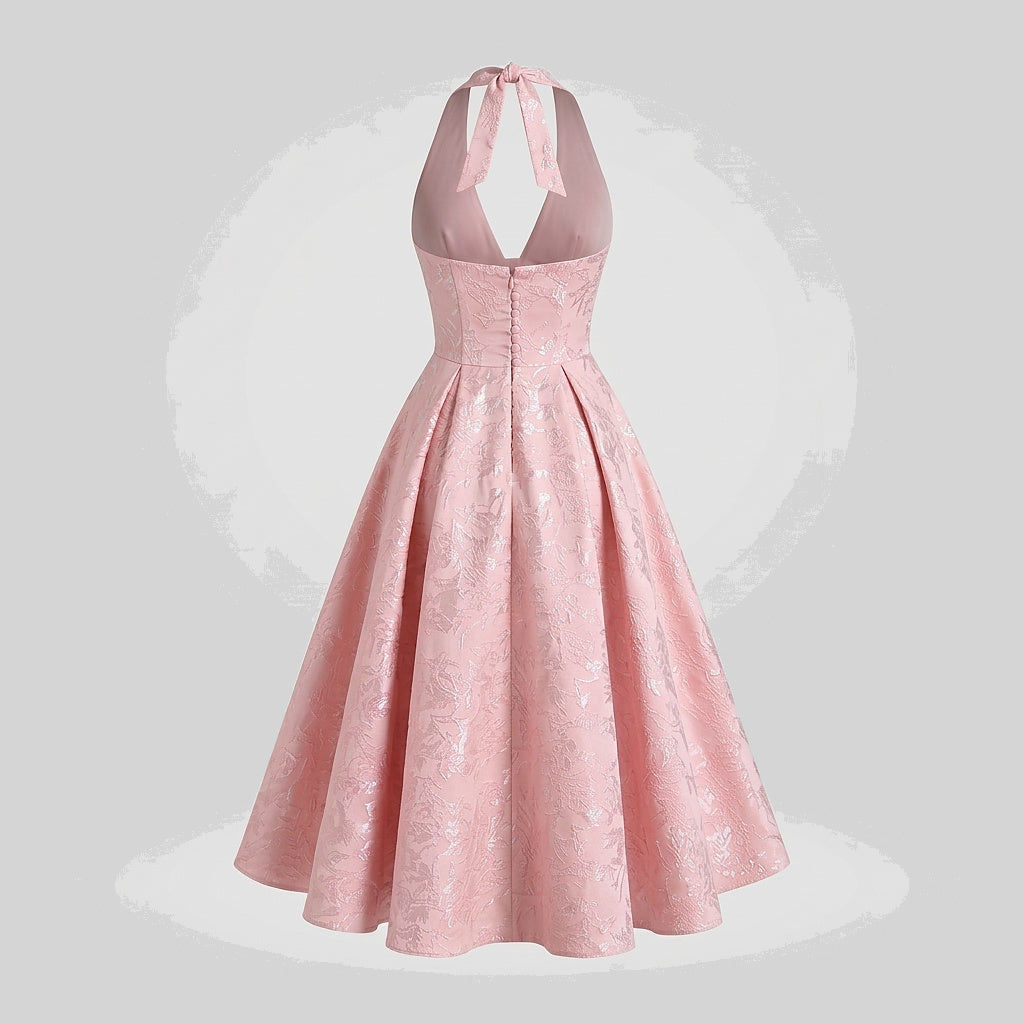 Mujer Vestido de Largo Medio con Cuello Halter y Cuerpo de Corsé y Falda Acampanada con Textura Floral-Midi Dress-Casaluzia