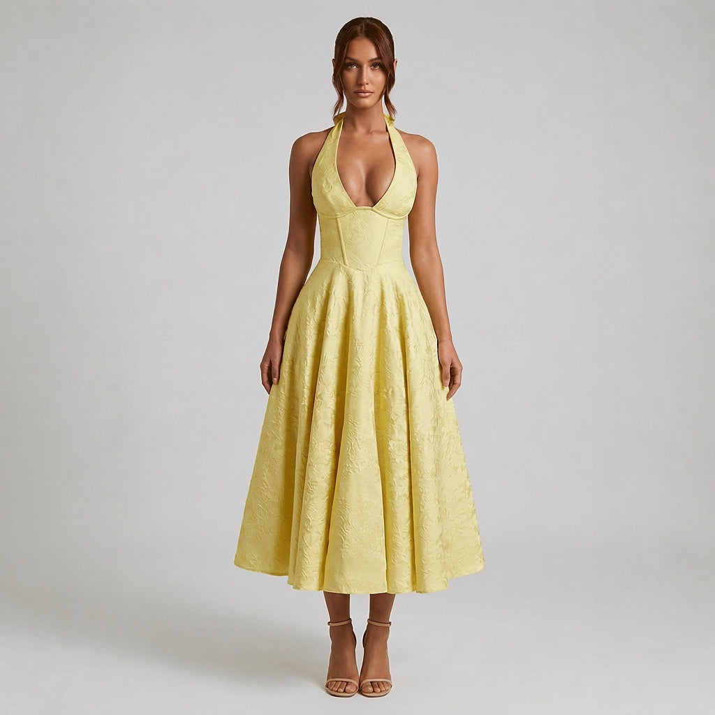 Mujer Vestido de Largo Medio con Cuello Halter y Cuerpo de Corsé y Falda Acampanada con Textura Floral-Midi Dress-Casaluzia
