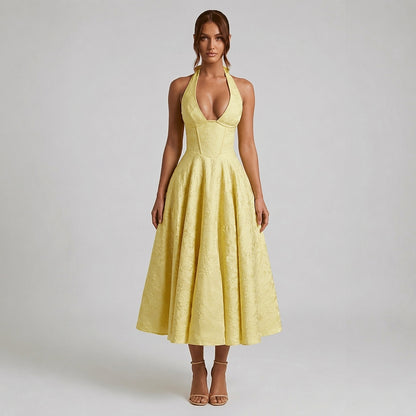 Mujer Vestido de Largo Medio con Cuello Halter y Cuerpo de Corsé y Falda Acampanada con Textura Floral-Midi Dress-Casaluzia