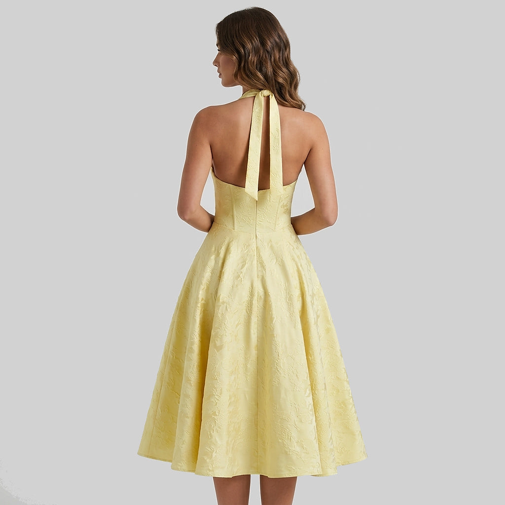 Mujer Vestido de Largo Medio con Cuello Halter y Cuerpo de Corsé y Falda Acampanada con Textura Floral-Midi Dress-Casaluzia