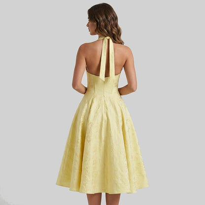 Mujer Vestido de Largo Medio con Cuello Halter y Cuerpo de Corsé y Falda Acampanada con Textura Floral-Midi Dress-Casaluzia
