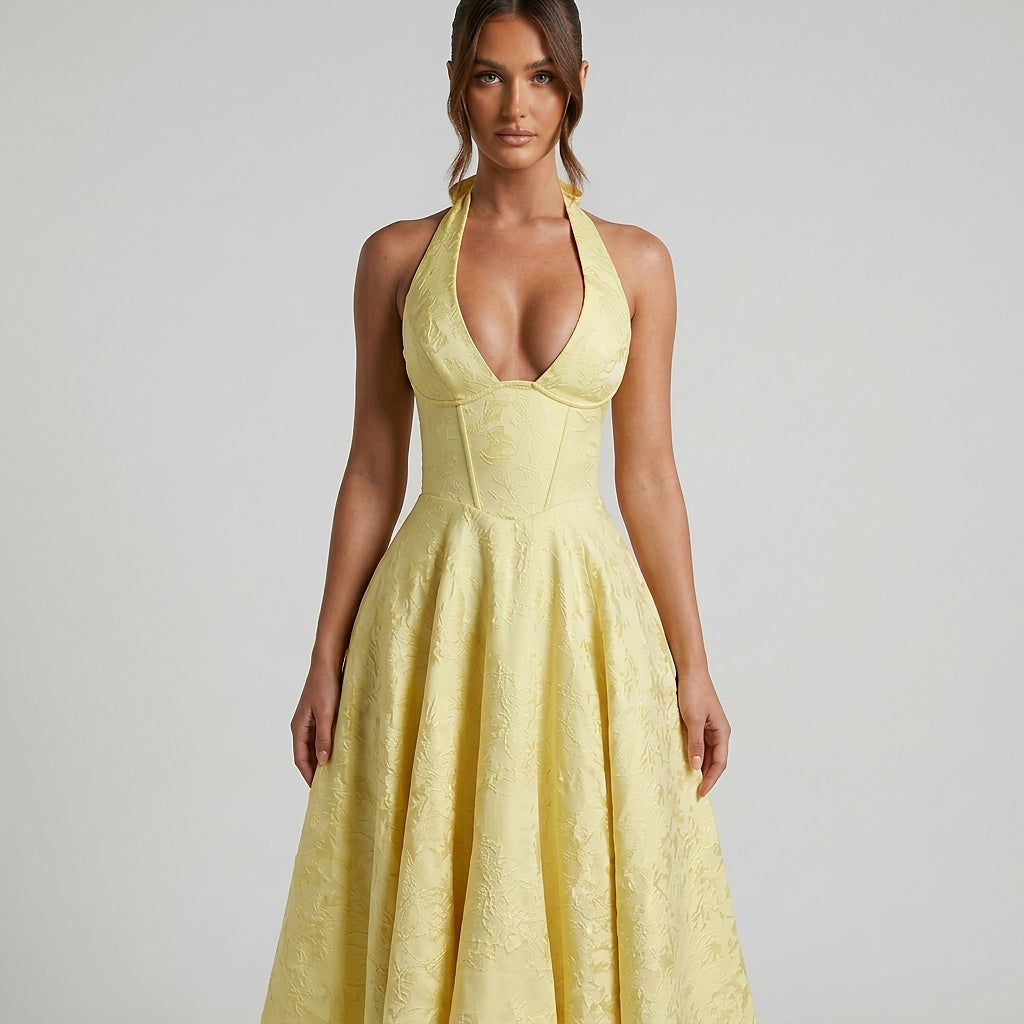 Mujer Vestido de Largo Medio con Cuello Halter y Cuerpo de Corsé y Falda Acampanada con Textura Floral-Midi Dress-Casaluzia