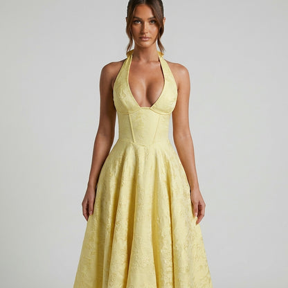 Mujer Vestido de Largo Medio con Cuello Halter y Cuerpo de Corsé y Falda Acampanada con Textura Floral-Midi Dress-Casaluzia