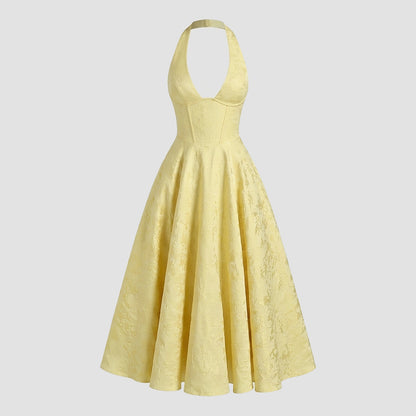 Mujer Vestido de Largo Medio con Cuello Halter y Cuerpo de Corsé y Falda Acampanada con Textura Floral-Midi Dress-Casaluzia