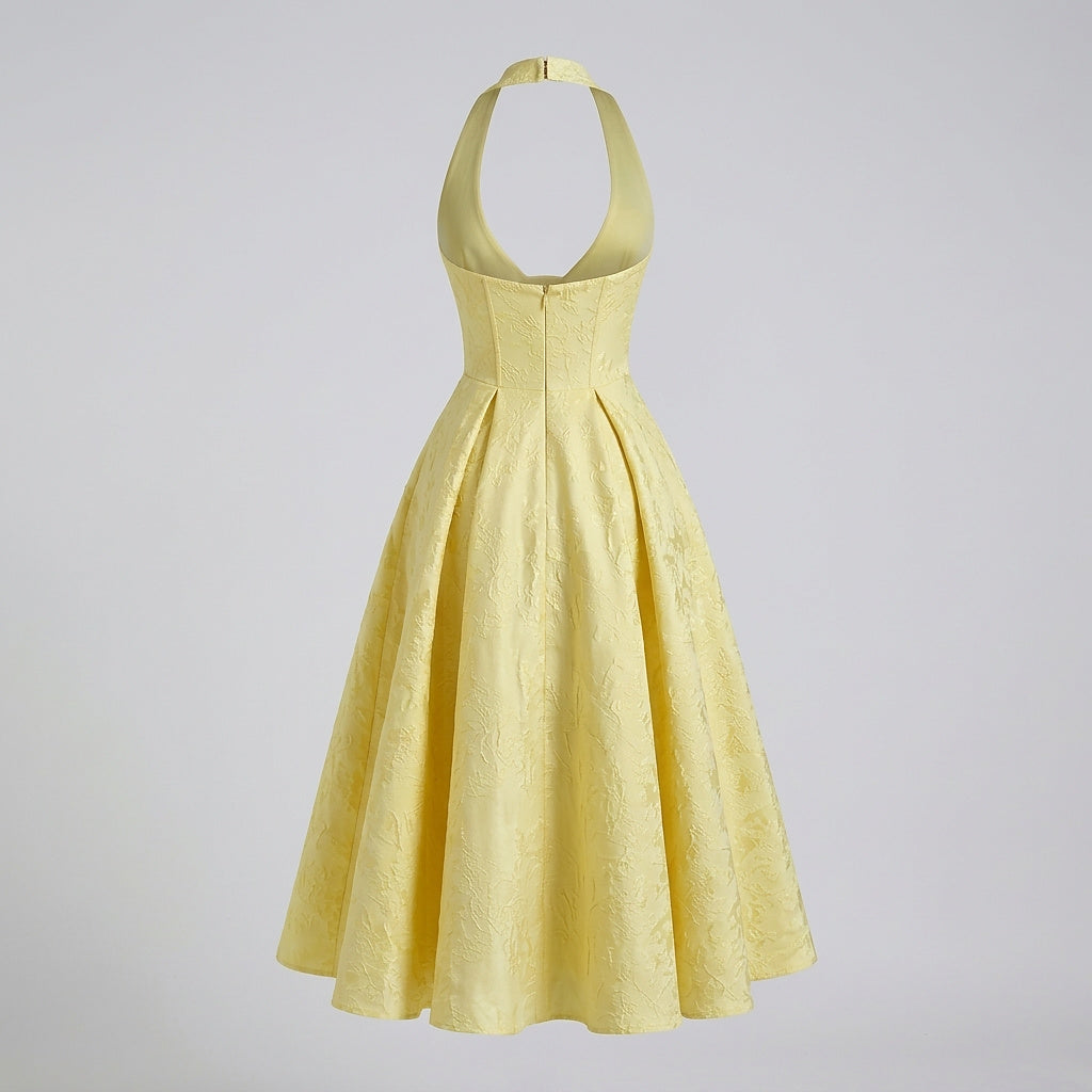 Mujer Vestido de Largo Medio con Cuello Halter y Cuerpo de Corsé y Falda Acampanada con Textura Floral-Midi Dress-Casaluzia