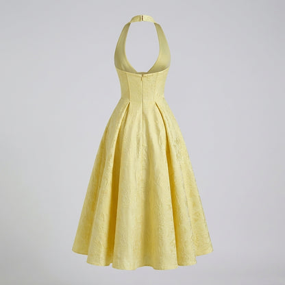 Mujer Vestido de Largo Medio con Cuello Halter y Cuerpo de Corsé y Falda Acampanada con Textura Floral-Midi Dress-Casaluzia