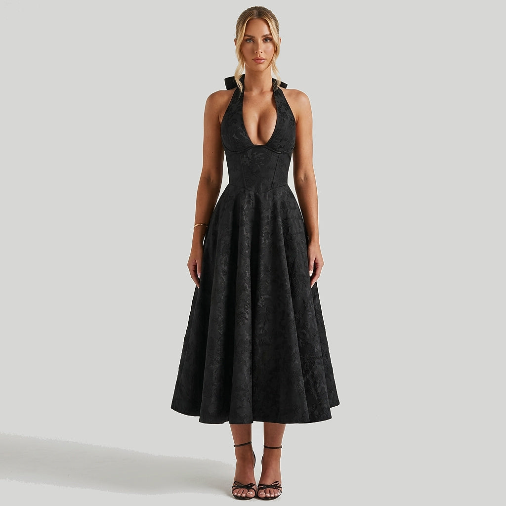 Mujer Vestido de Largo Medio con Cuello Halter y Cuerpo de Corsé y Falda Acampanada con Textura Floral-Midi Dress-Casaluzia