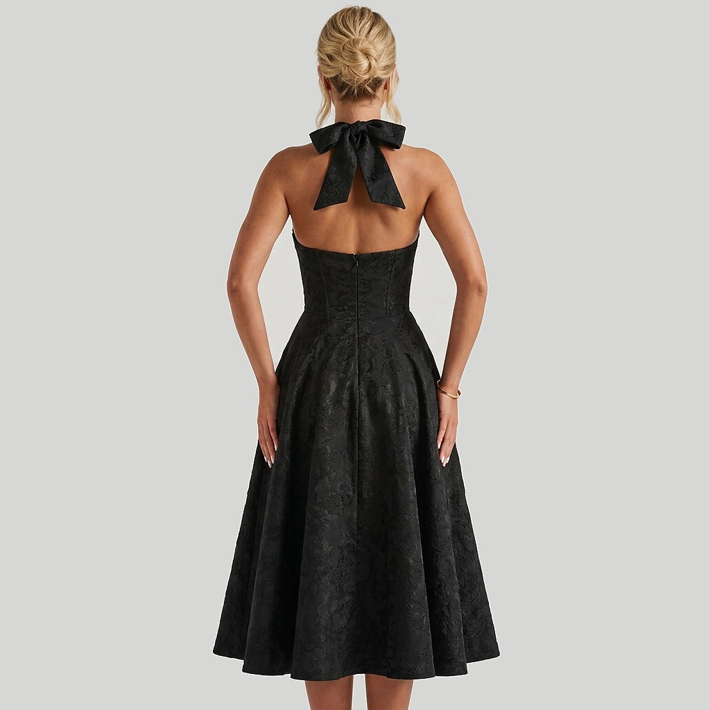 Mujer Vestido de Largo Medio con Cuello Halter y Cuerpo de Corsé y Falda Acampanada con Textura Floral-Midi Dress-Casaluzia