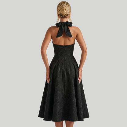 Mujer Vestido de Largo Medio con Cuello Halter y Cuerpo de Corsé y Falda Acampanada con Textura Floral-Midi Dress-Casaluzia