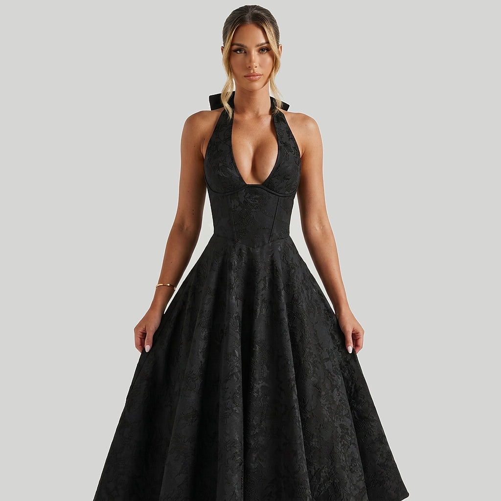 Mujer Vestido de Largo Medio con Cuello Halter y Cuerpo de Corsé y Falda Acampanada con Textura Floral-Midi Dress-Casaluzia
