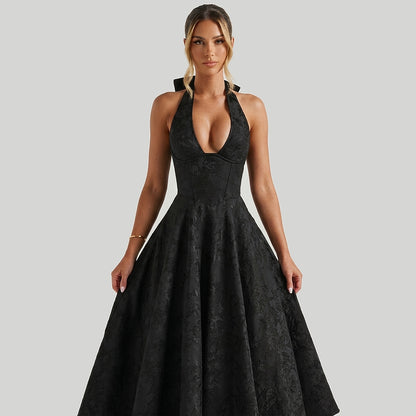 Mujer Vestido de Largo Medio con Cuello Halter y Cuerpo de Corsé y Falda Acampanada con Textura Floral-Midi Dress-Casaluzia