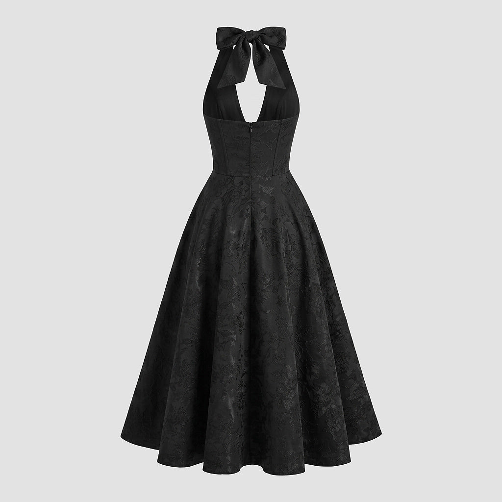 Mujer Vestido de Largo Medio con Cuello Halter y Cuerpo de Corsé y Falda Acampanada con Textura Floral-Midi Dress-Casaluzia