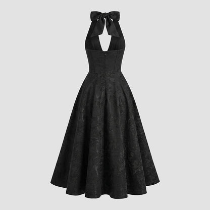 Mujer Vestido de Largo Medio con Cuello Halter y Cuerpo de Corsé y Falda Acampanada con Textura Floral-Midi Dress-Casaluzia