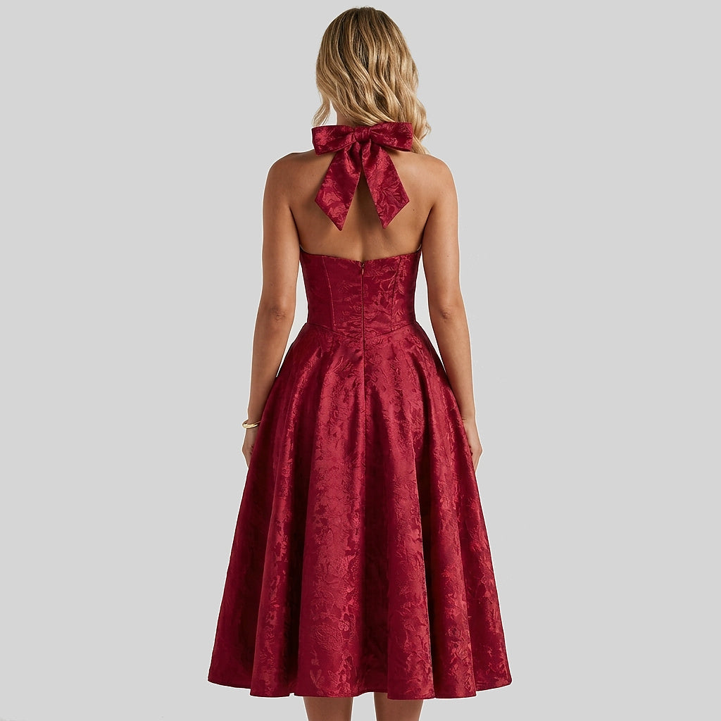 Mujer Vestido de Largo Medio con Cuello Halter y Cuerpo de Corsé y Falda Acampanada con Textura Floral-Midi Dress-Casaluzia