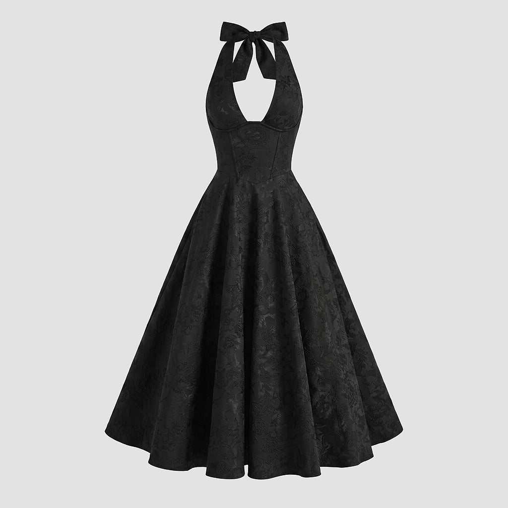 Mujer Vestido de Largo Medio con Cuello Halter y Cuerpo de Corsé y Falda Acampanada con Textura Floral-Midi Dress-Casaluzia