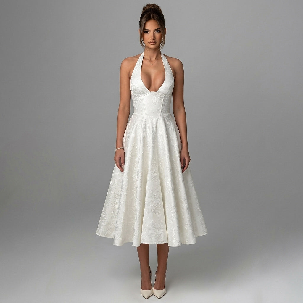 Mujer Vestido de Largo Medio con Cuello Halter y Cuerpo de Corsé y Falda Acampanada con Textura Floral-Midi Dress-Casaluzia