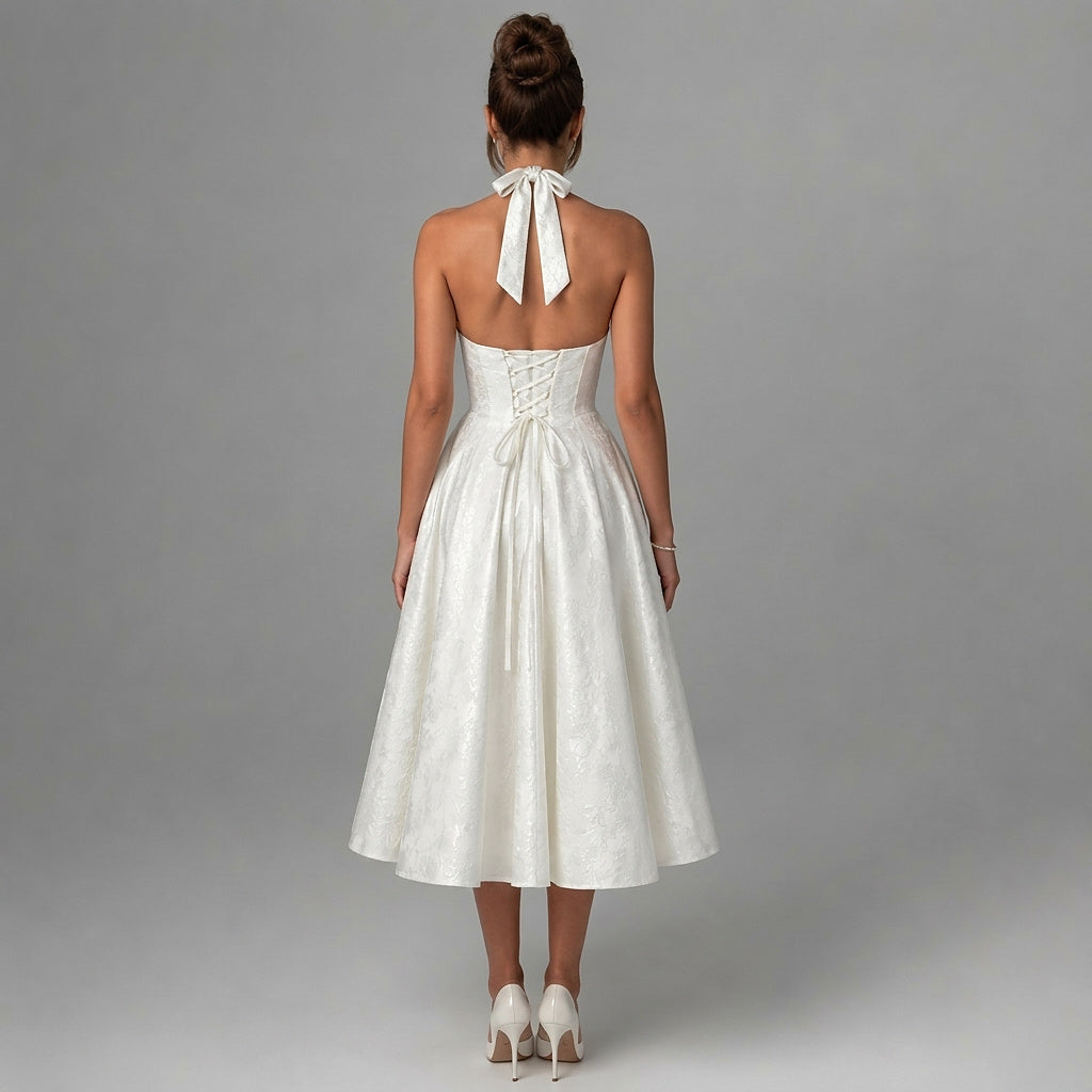 Mujer Vestido de Largo Medio con Cuello Halter y Cuerpo de Corsé y Falda Acampanada con Textura Floral-Midi Dress-Casaluzia
