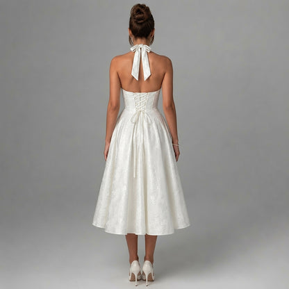 Mujer Vestido de Largo Medio con Cuello Halter y Cuerpo de Corsé y Falda Acampanada con Textura Floral-Midi Dress-Casaluzia