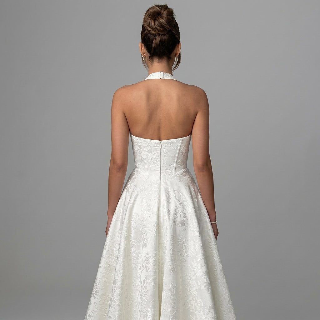 Mujer Vestido de Largo Medio con Cuello Halter y Cuerpo de Corsé y Falda Acampanada con Textura Floral-Midi Dress-Casaluzia