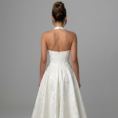 Mujer Vestido de Largo Medio con Cuello Halter y Cuerpo de Corsé y Falda Acampanada con Textura Floral-Midi Dress-Casaluzia