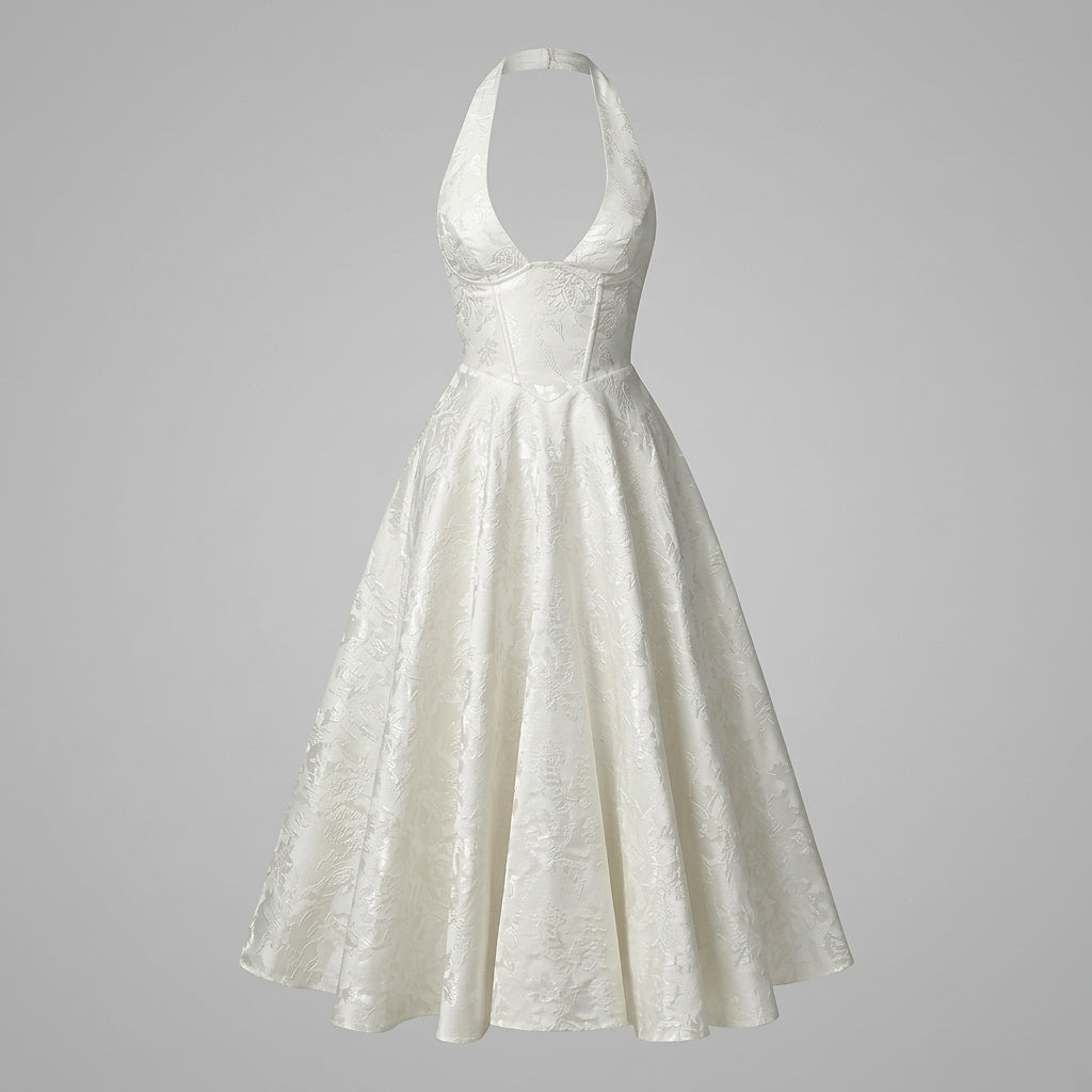 Mujer Vestido de Largo Medio con Cuello Halter y Cuerpo de Corsé y Falda Acampanada con Textura Floral-Midi Dress-Casaluzia
