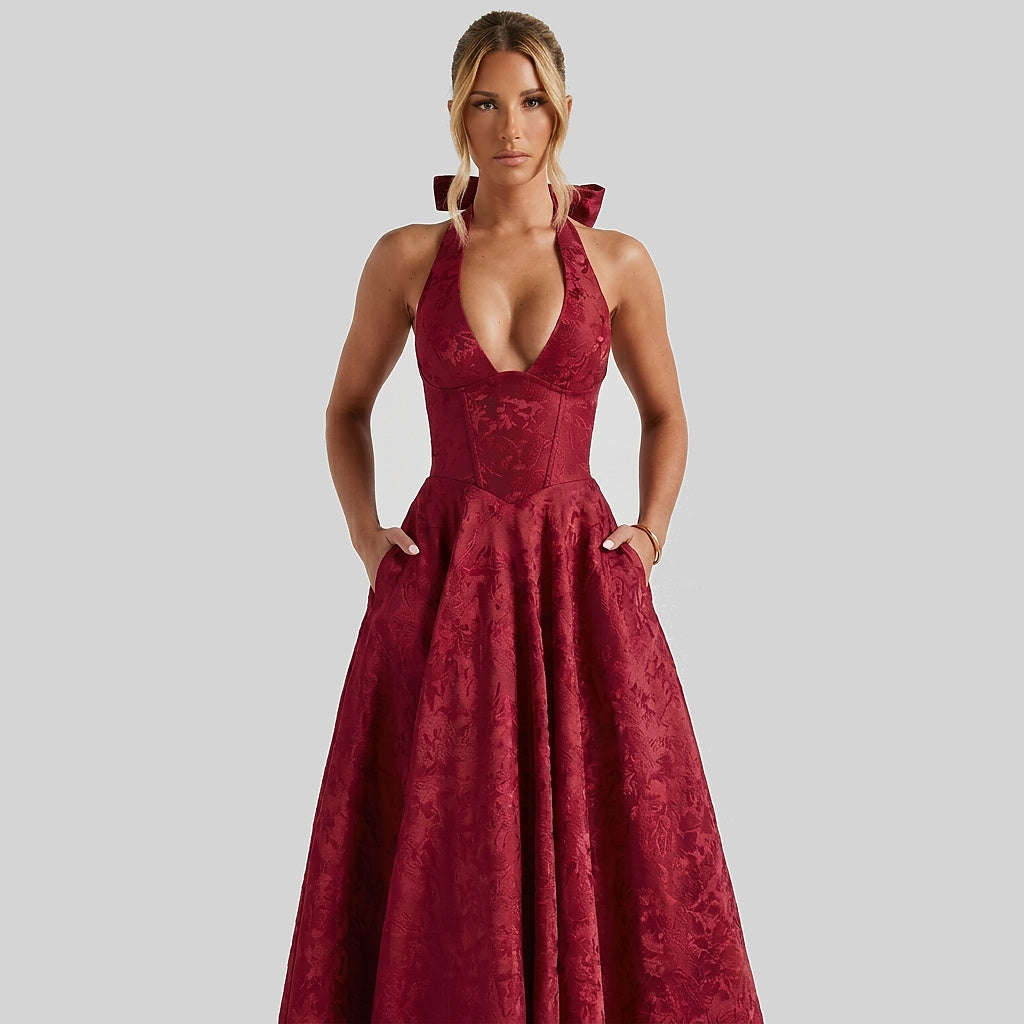 Mujer Vestido de Largo Medio con Cuello Halter y Cuerpo de Corsé y Falda Acampanada con Textura Floral-Midi Dress-Casaluzia
