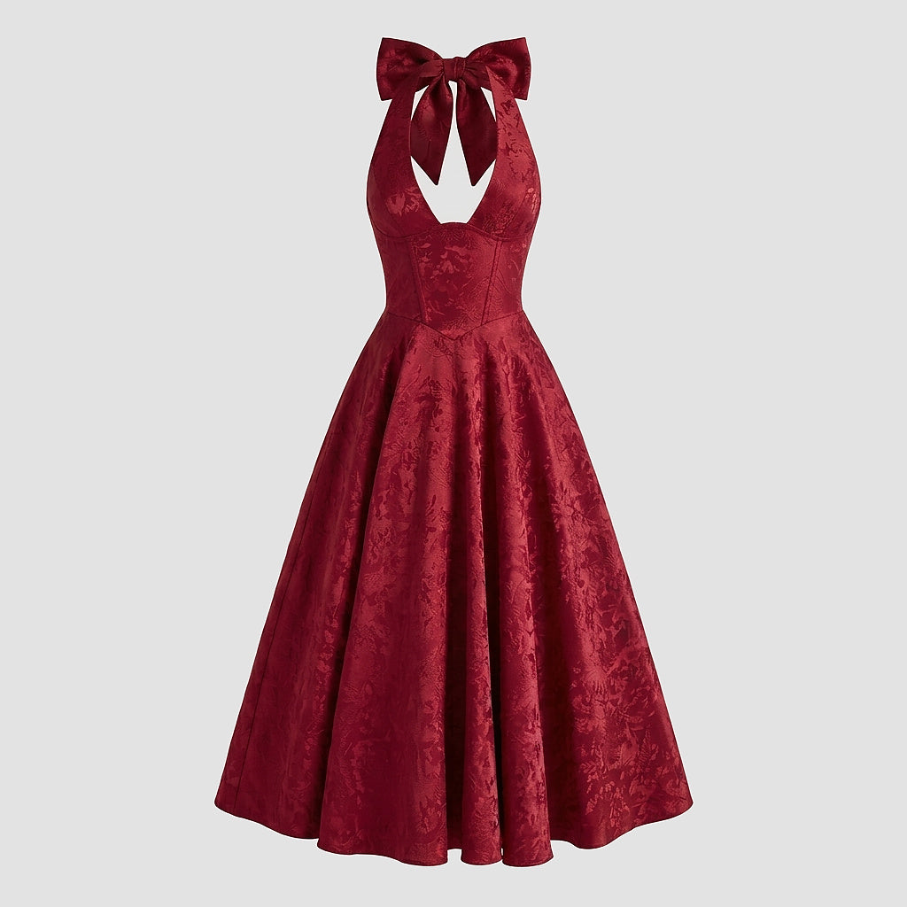 Mujer Vestido de Largo Medio con Cuello Halter y Cuerpo de Corsé y Falda Acampanada con Textura Floral-Midi Dress-Casaluzia