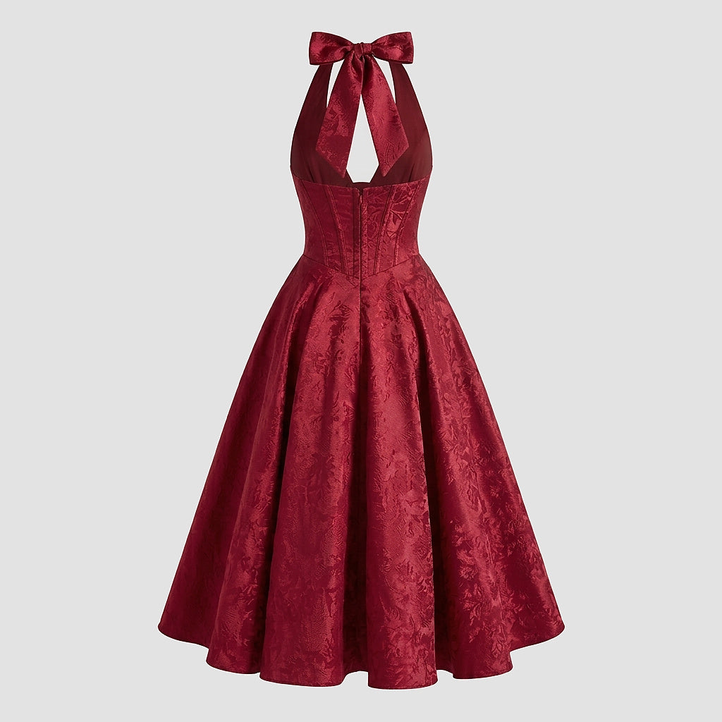 Mujer Vestido de Largo Medio con Cuello Halter y Cuerpo de Corsé y Falda Acampanada con Textura Floral-Midi Dress-Casaluzia