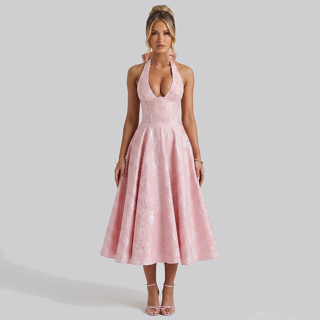 Mujer Vestido de Largo Medio con Cuello Halter y Cuerpo de Corsé y Falda Acampanada con Textura Floral-Midi Dress-Casaluzia