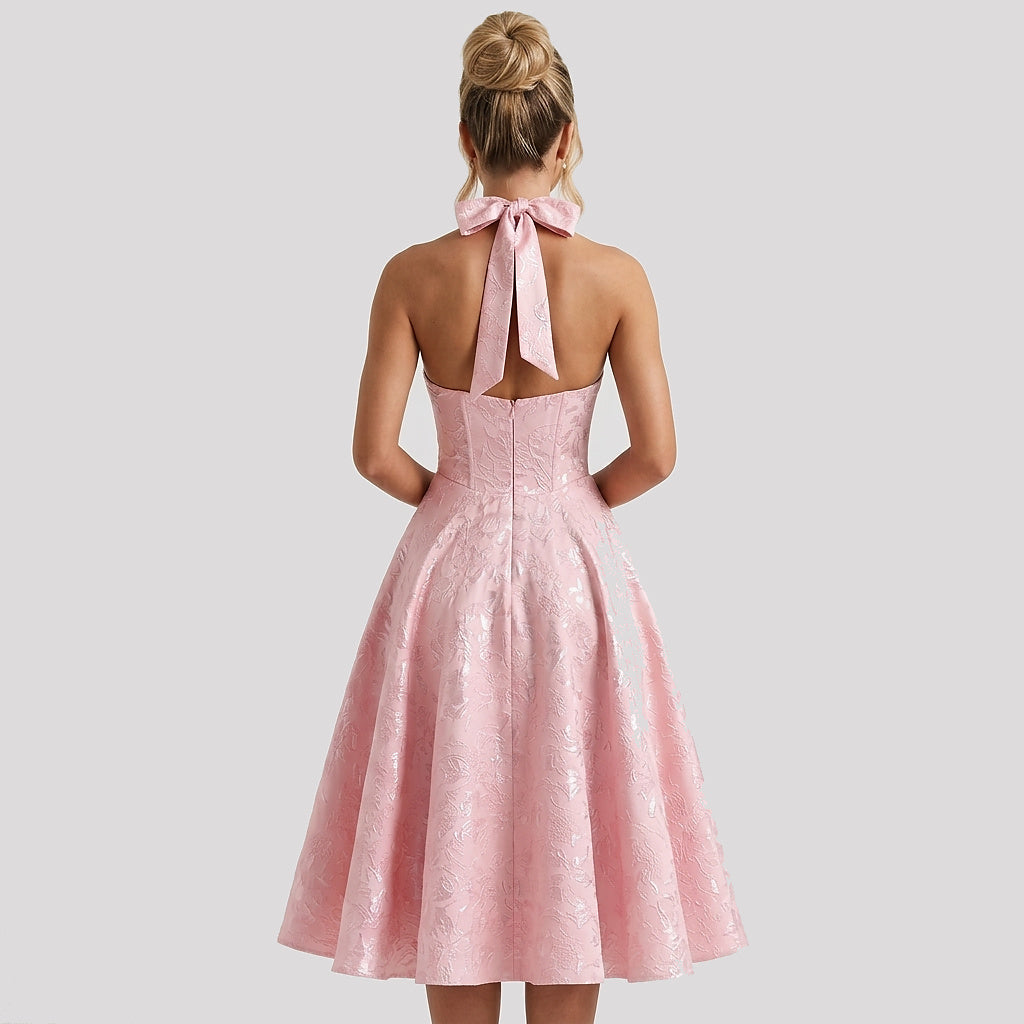 Mujer Vestido de Largo Medio con Cuello Halter y Cuerpo de Corsé y Falda Acampanada con Textura Floral-Midi Dress-Casaluzia