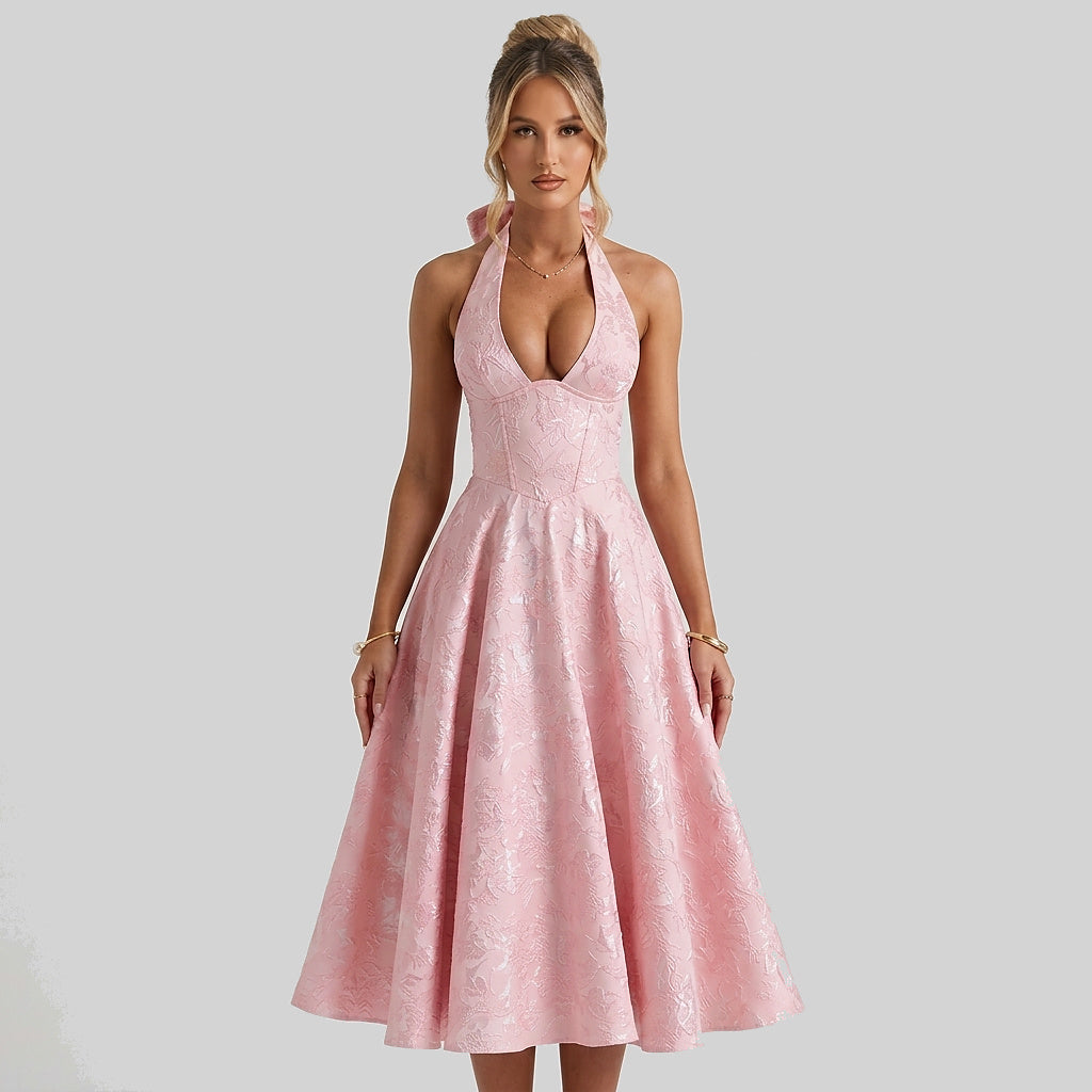 Mujer Vestido de Largo Medio con Cuello Halter y Cuerpo de Corsé y Falda Acampanada con Textura Floral-Midi Dress-Casaluzia