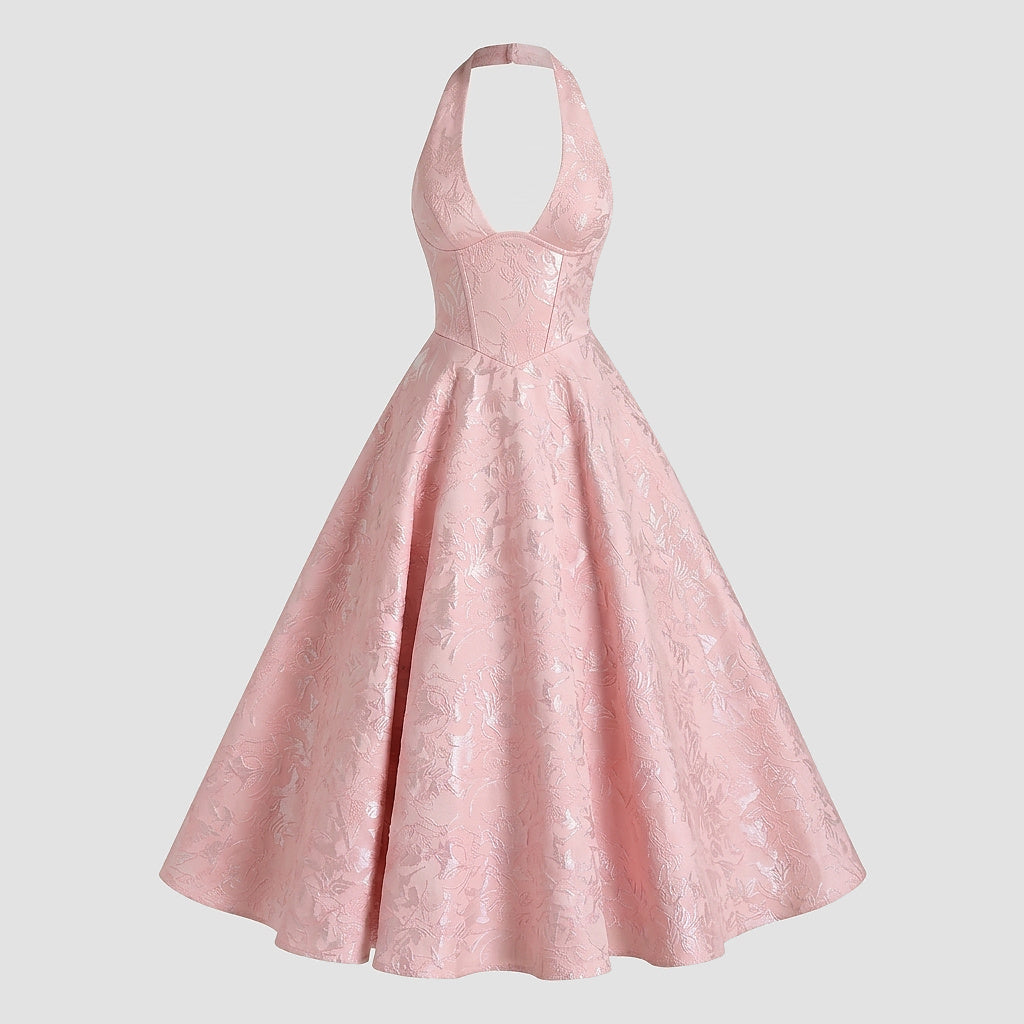 Mujer Vestido de Largo Medio con Cuello Halter y Cuerpo de Corsé y Falda Acampanada con Textura Floral-Midi Dress-Casaluzia