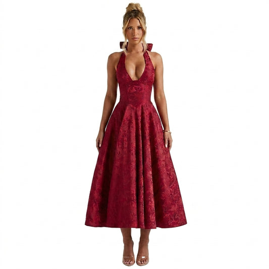 Mujer Vestido de Largo Medio con Cuello Halter y Cuerpo de Corsé y Falda Acampanada con Textura Floral-Midi Dress-Casaluzia
