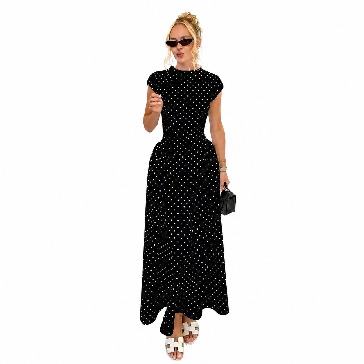 Mujer Vestido largo con estampado de lunares y falda con pliegues-Midi Dress-Casaluzia