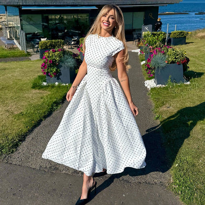 Mujer Vestido largo con estampado de lunares y falda con pliegues-Midi Dress-Casaluzia
