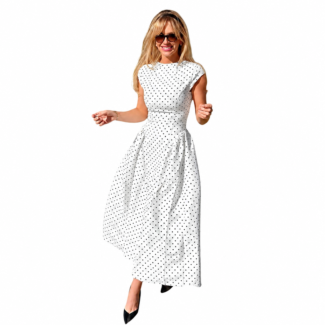 Mujer Vestido largo con estampado de lunares y falda con pliegues-Midi Dress-Casaluzia