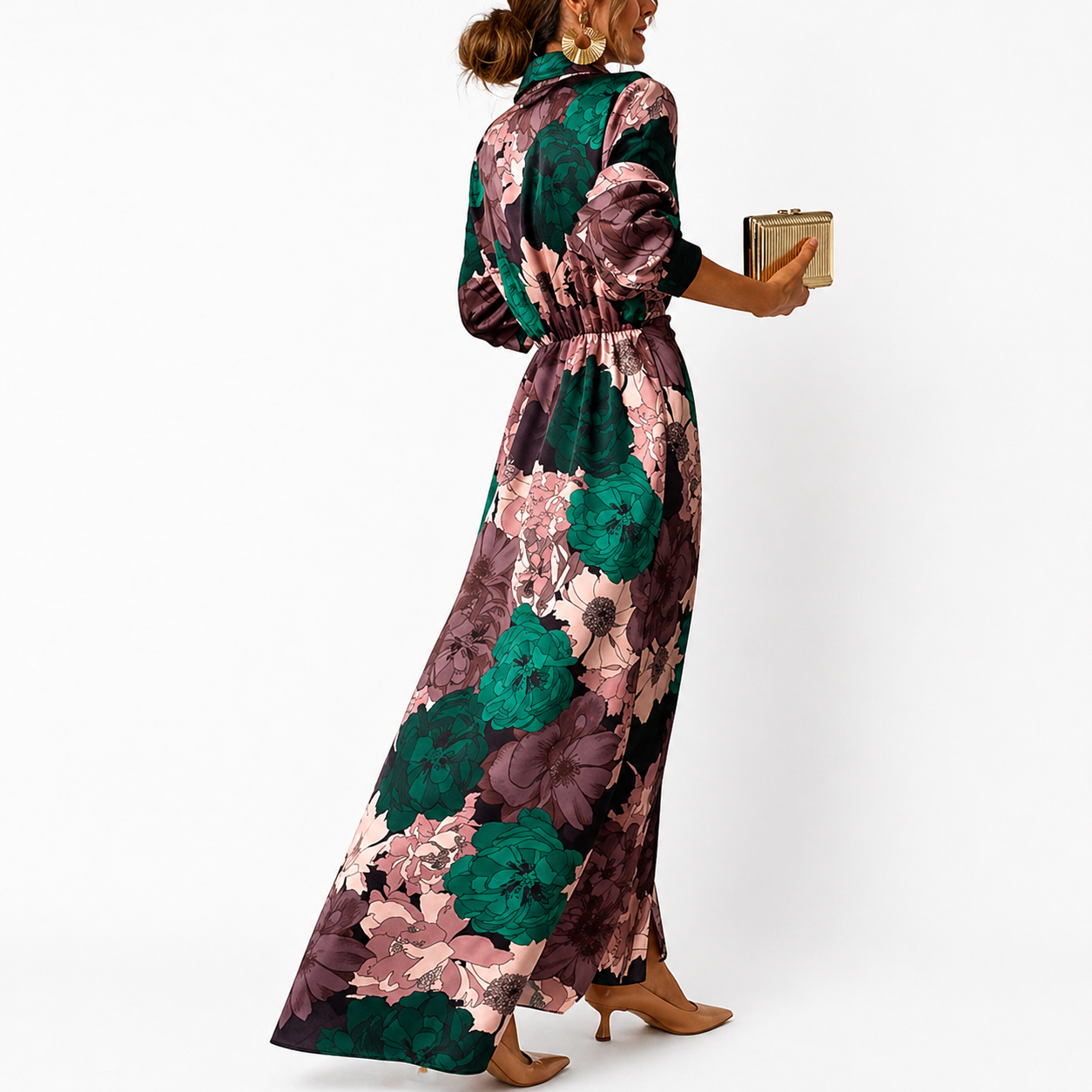 Mujer Vestido largo con estampado floral, cuello y cinturón para atar-Maxi Dress-Casaluzia