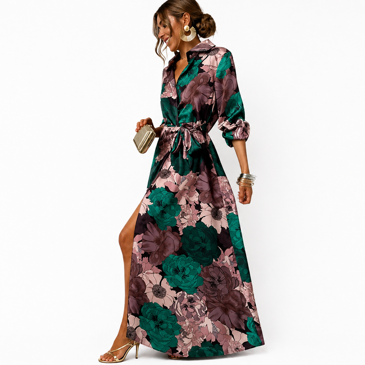 Mujer Vestido largo con estampado floral, cuello y cinturón para atar-Maxi Dress-Casaluzia