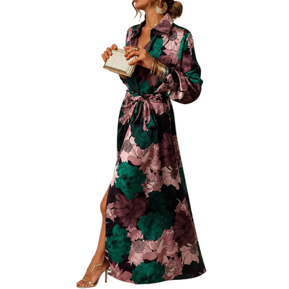 Mujer Vestido largo con estampado floral, cuello y cinturón para atar-Maxi Dress-Casaluzia