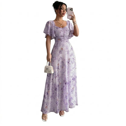 Mujer Vestido Largo con Estampado Floral Mangas de Volantes y Escote Corazón-Maxi Dress-Casaluzia