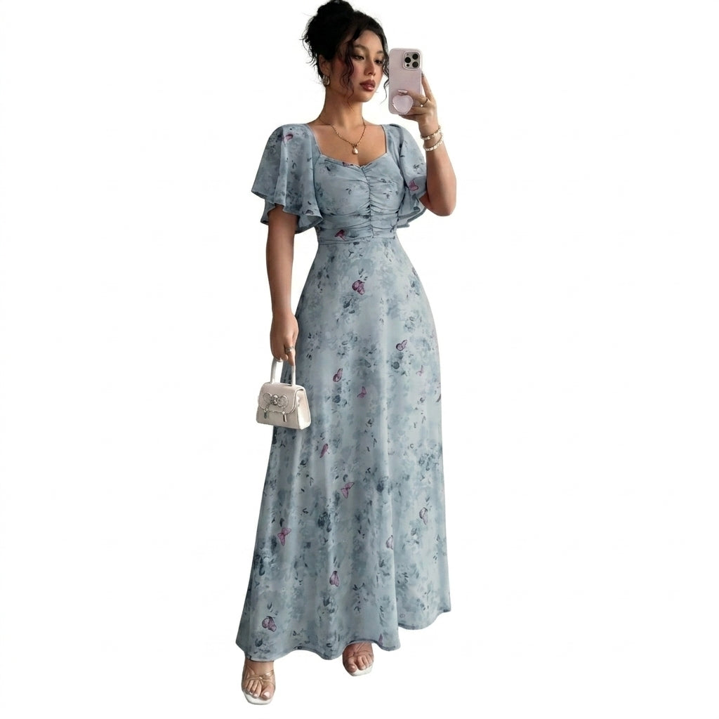 Mujer Vestido Largo con Estampado Floral Mangas de Volantes y Escote Corazón-Maxi Dress-Casaluzia