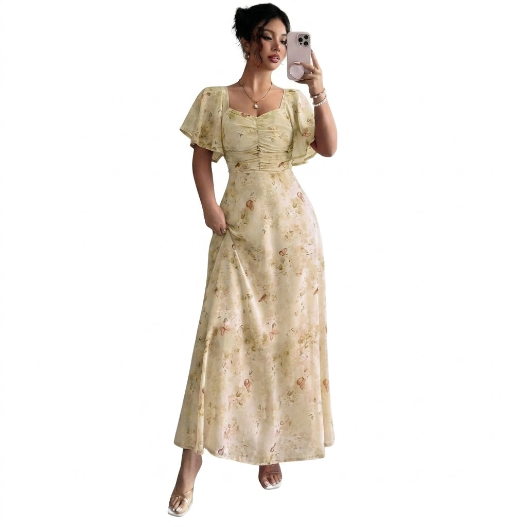 Mujer Vestido Largo con Estampado Floral Mangas de Volantes y Escote Corazón-Maxi Dress-Casaluzia
