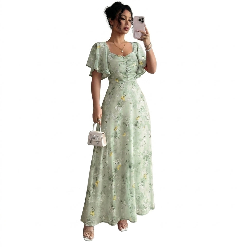 Mujer Vestido Largo con Estampado Floral Mangas de Volantes y Escote Corazón-Maxi Dress-Casaluzia