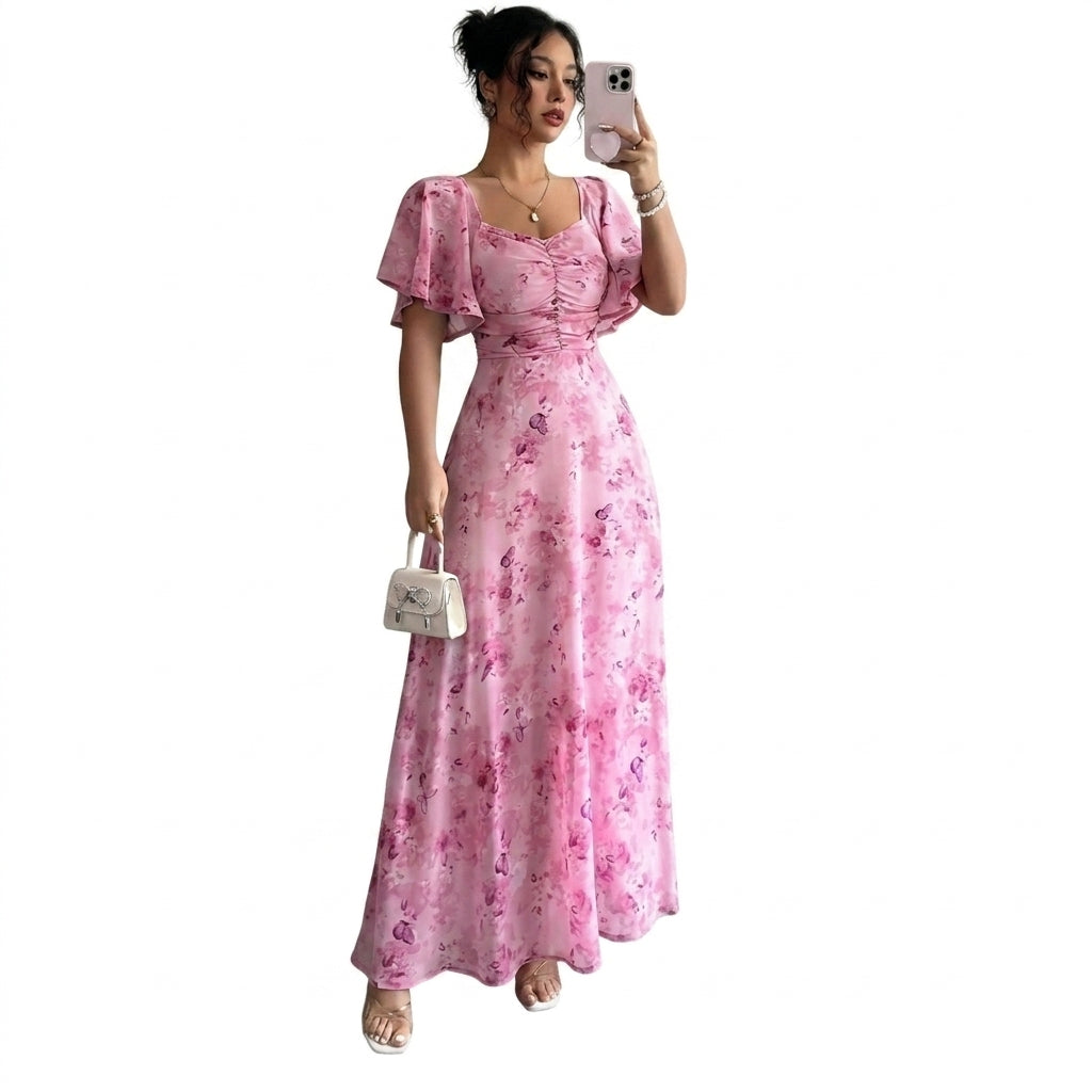 Mujer Vestido Largo con Estampado Floral Mangas de Volantes y Escote Corazón-Maxi Dress-Casaluzia