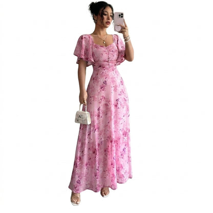 Mujer Vestido Largo con Estampado Floral Mangas de Volantes y Escote Corazón-Maxi Dress-Casaluzia