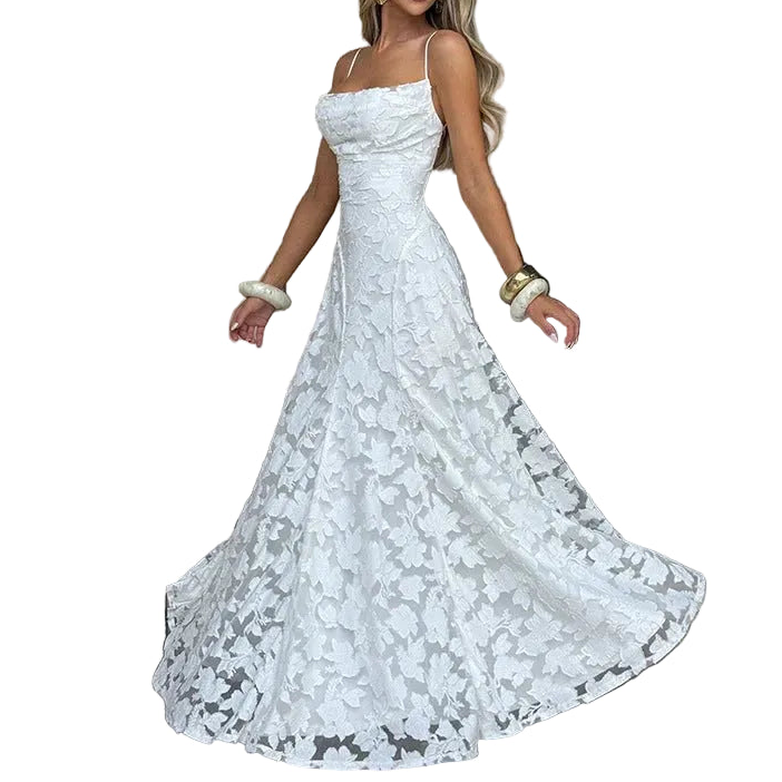 Mujer Vestido Largo con Tirantes Finos y Textura Floral-Maxi Dress-Casaluzia