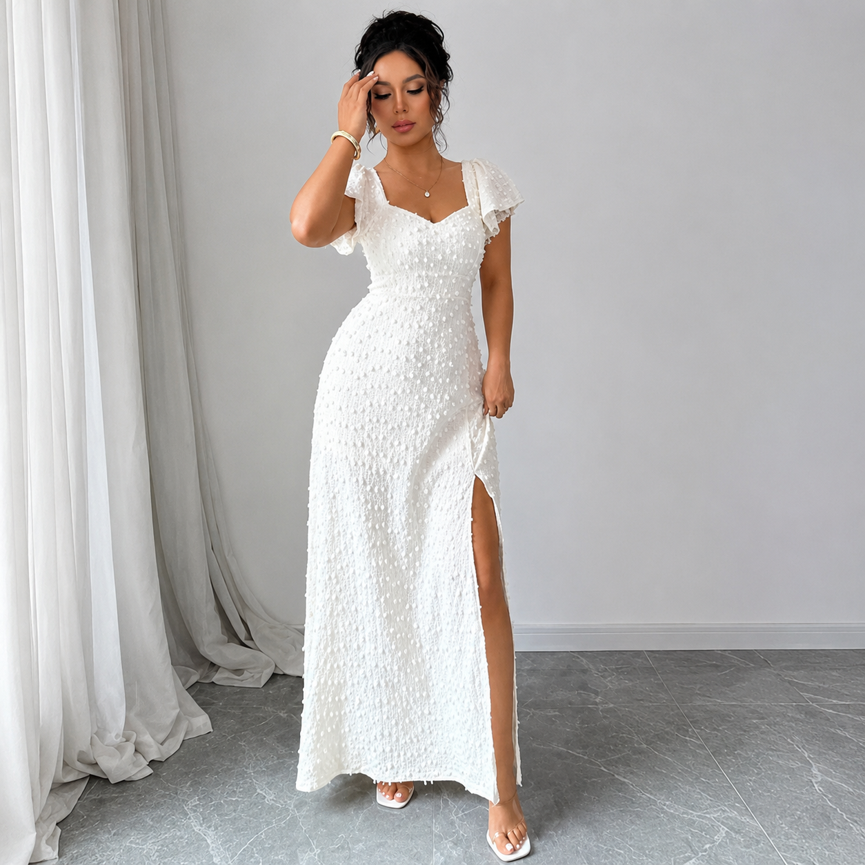 Mujer Vestido Maxi Texturizado con Abertura Frontal-Maxi Dress-Casaluzia