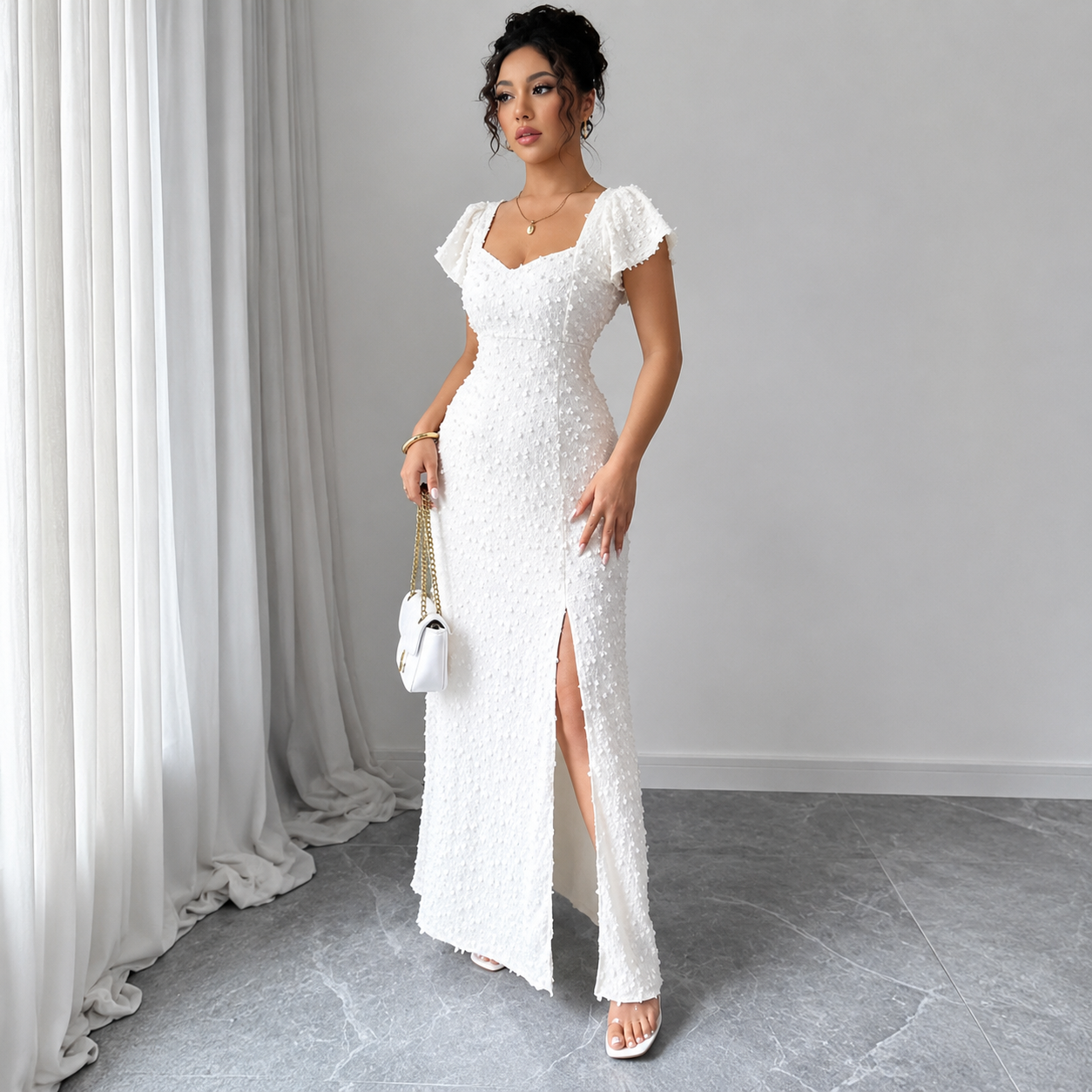 Mujer Vestido Maxi Texturizado con Abertura Frontal-Maxi Dress-Casaluzia