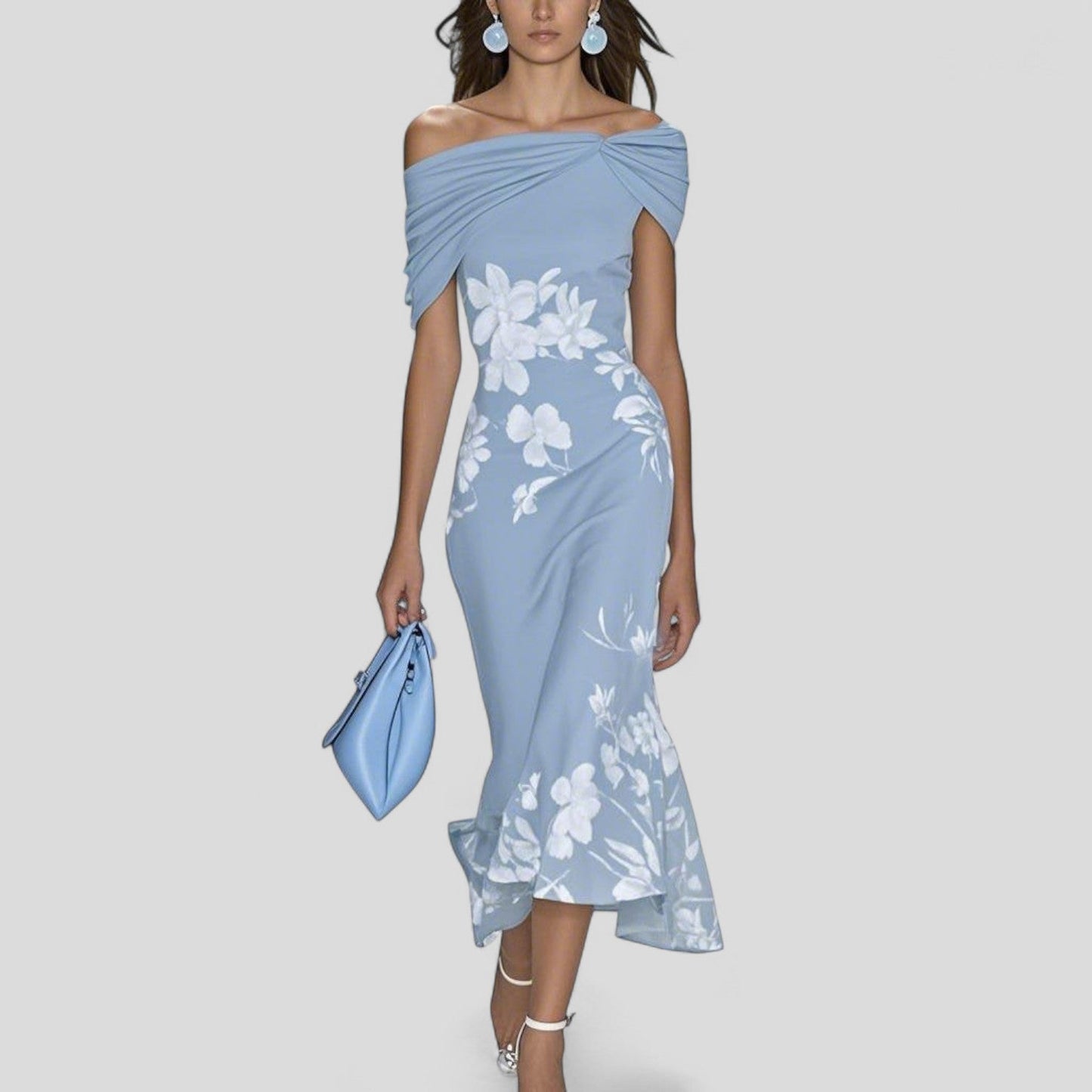 Mujer Vestido Midi con Escote Bardot y Estampado Floral-Midi Dress-Casaluzia