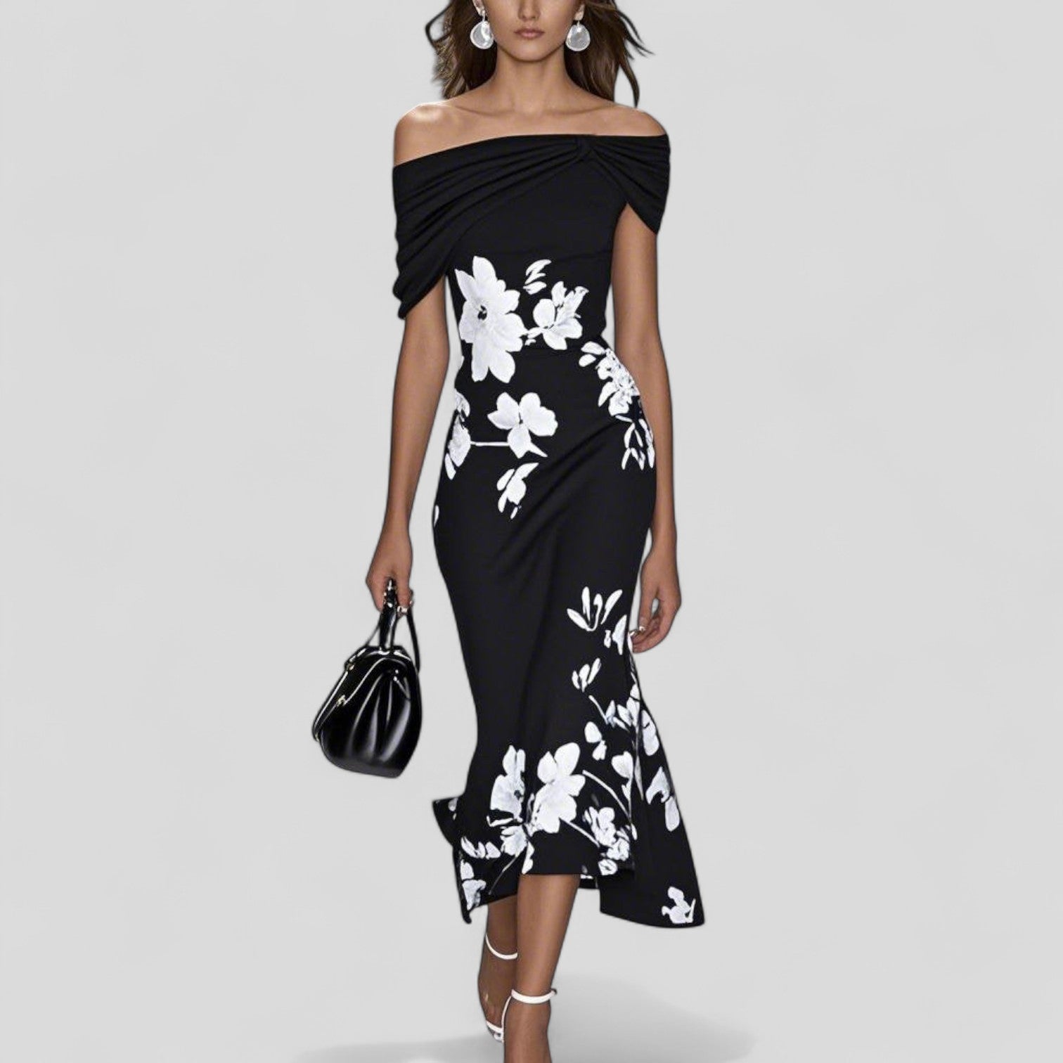 Mujer Vestido Midi con Escote Bardot y Estampado Floral-Midi Dress-Casaluzia
